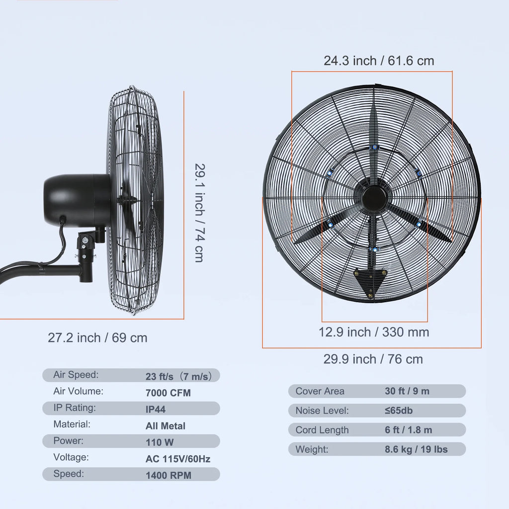 VEVOR Wall-Mount Misting Fan Oscillating Metal Fan 24.3'' 3 Speed Waterproof