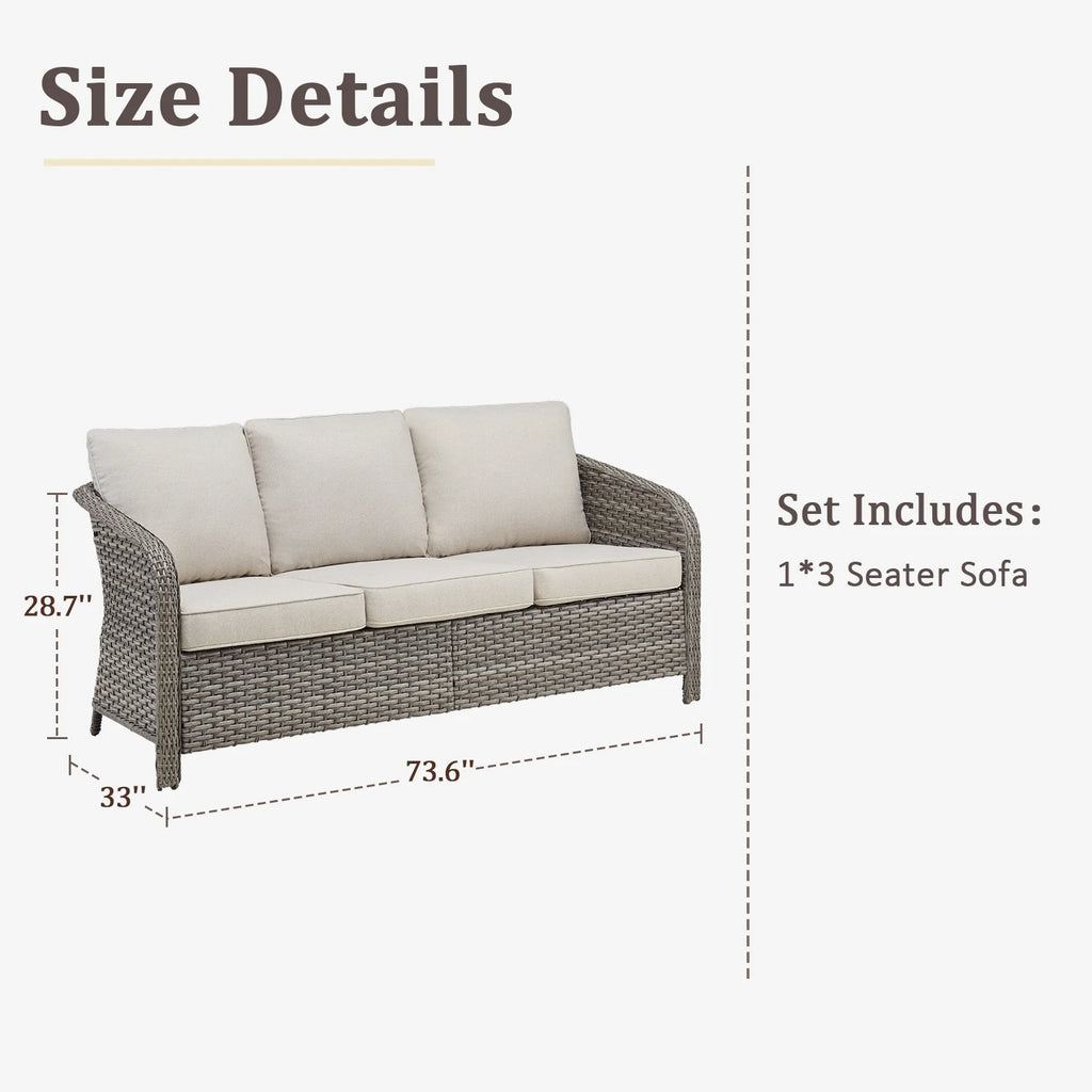 3-Seat Patio Wicker Sofa Outdoor Rattan Couch Furniture Steel Frame with Beige cushion&Waterproof Cover, Gray
