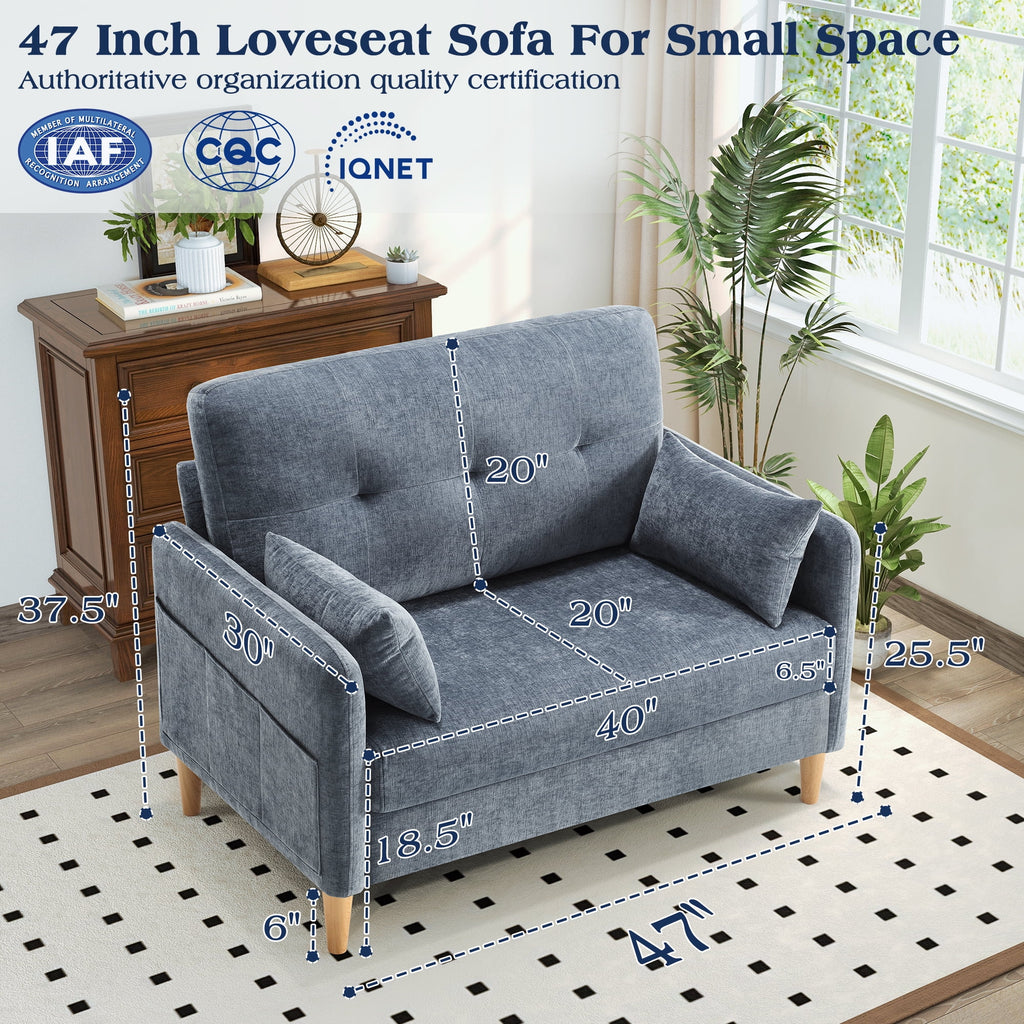 BedLuxury 47'' Wide LoveSeat, 2-seat Chenille sofa with 2 Pillows for Living Room and Small Spaces, Dark Grey