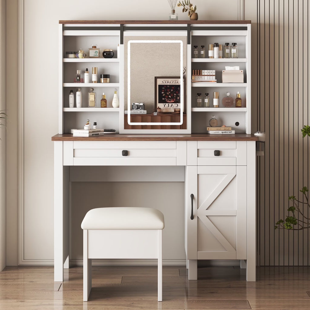 Montary Modern Mini Vanity w/Adjustable LED Mirror + Hidden Storage, Padded Stool & Dustproof Shelves (White)