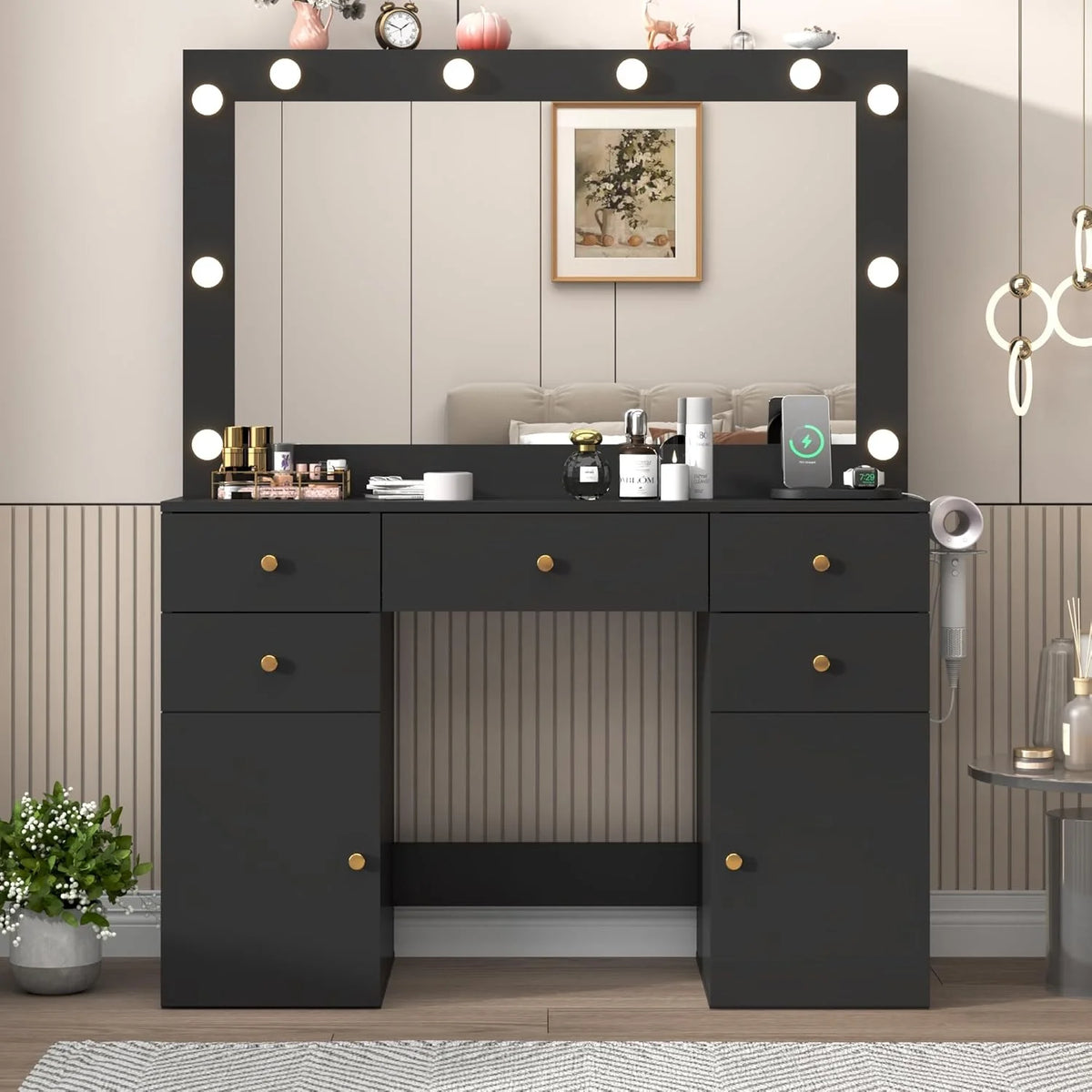 White Vanity Desk with Large Lighted Mirror & Power Outlet, Makeup Vanity Table with Glass Top & Drawers, Sliding Storage, 44.1" Large Makeup Vanity Table for Women Girls, White