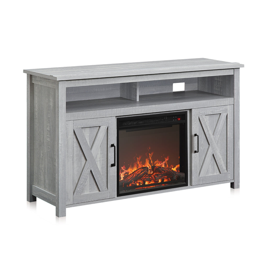 BELLEZE 58 Inch TV Stand, Contemporary Entertainment Center for TVs up to 65", Wood Media Console Table with Two Open Shelves and Barn Door Cabinets - Corin (White)