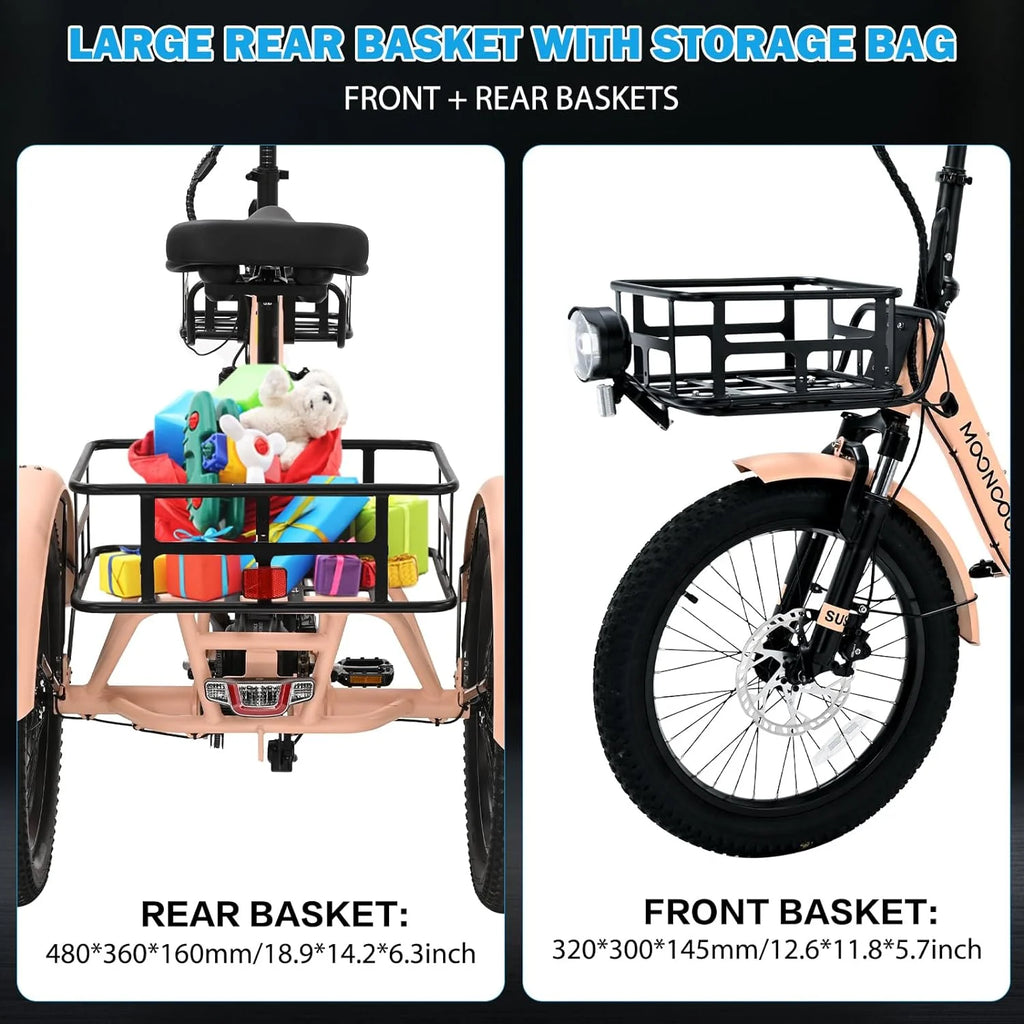 MOONCOOL TK1 Folding Electric Tricycle for Adults,48V 14.5Ah Removable battery, 500W（Peak 1000w）Motor, 20" Fat Tire Step-Thru 3Wheel Electric Bicycle w/Front&Rear Baskets, Certified to UL 2849 by SGS