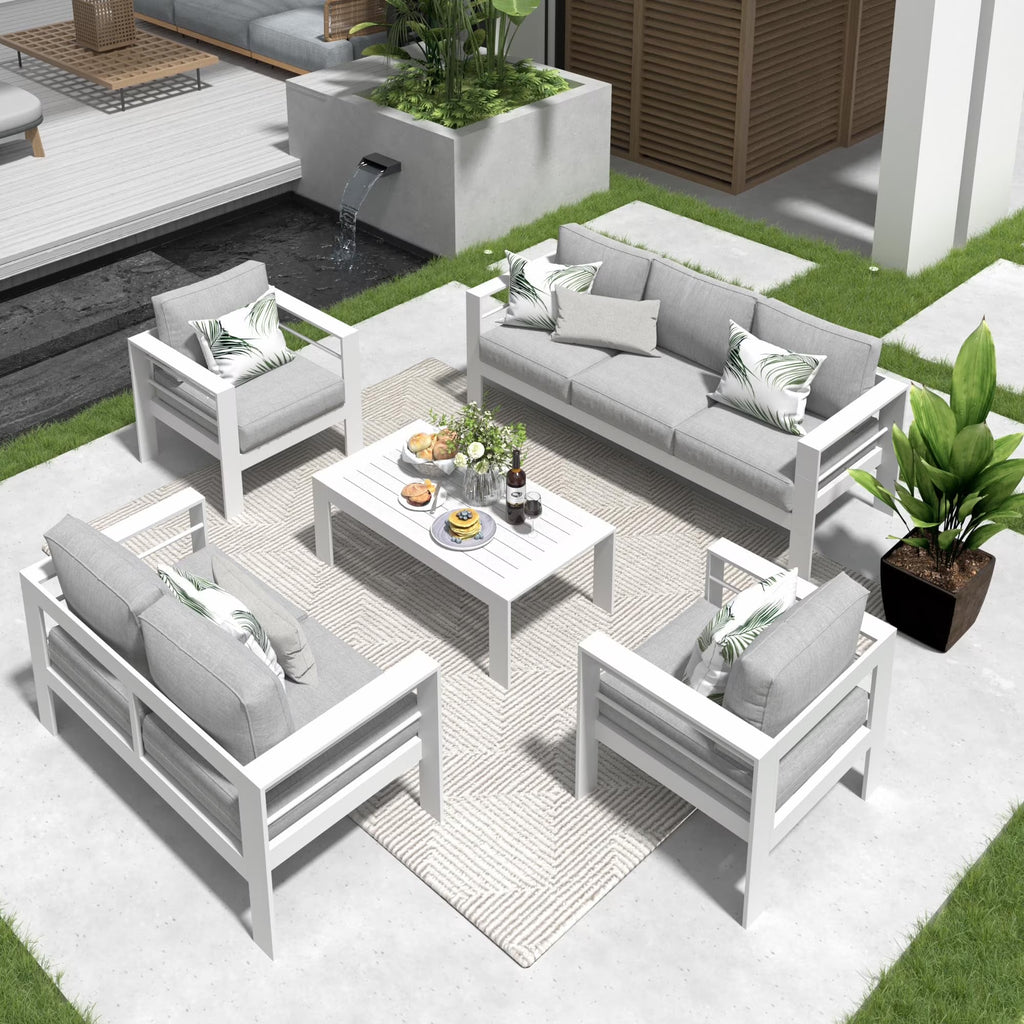 CozyHom 5 Pcs Outdoor Patio Aluminum Furniture Sofa Sets, Outside Patio Conversation Couch Sets With Table&Cushions for Garden Porch, Gray