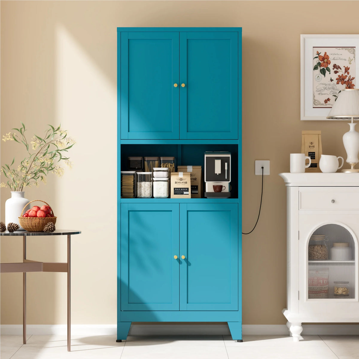 Elegant 69" Tall Modern Kitchen Pantry,Metal Storage Cabinet with Adjustable Shelves,Pantry Storage Cabinet for Kitchen,Dining Room,Living Room,Blue