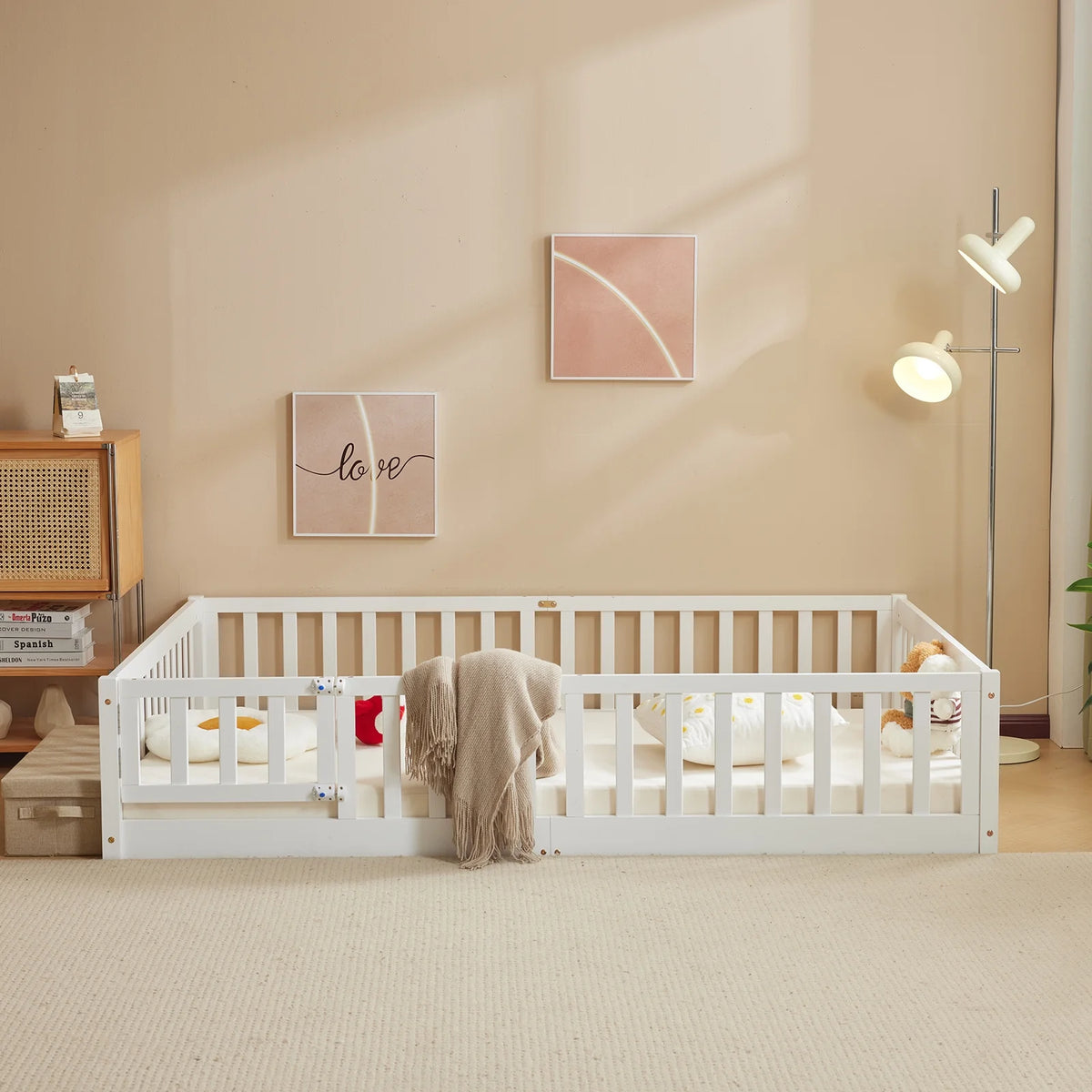 Ktaxon Montessori Twin Floor Bed with Safety Guardrails, Toddler Bed Frame for Kids, Wood Frame - Nature