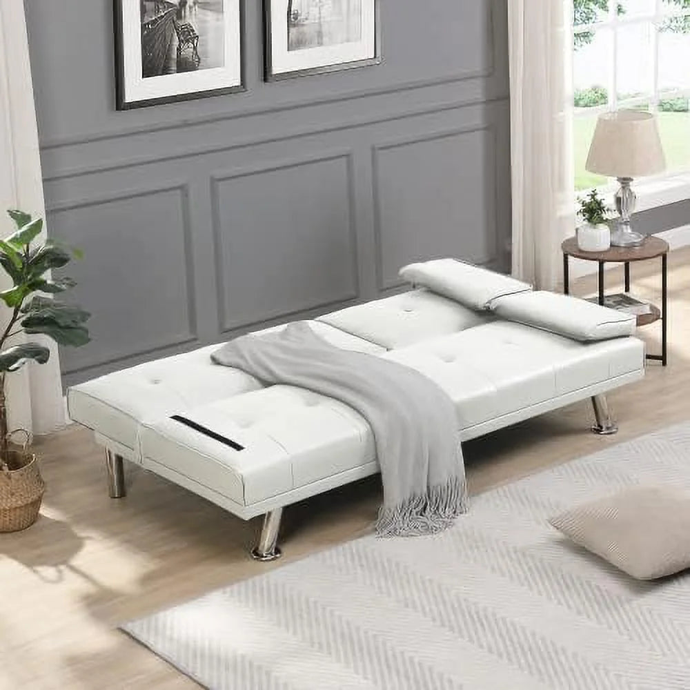 Convertible Folding Futon Sofa Bed Sleeper Couch for Living Room, Modern Faux Leather Upholstered Loveseat w/Removable Armrests, Metal Legs, 2 Cup Holders, Love Seat Sofa Bed for Small Spaces (Brown)