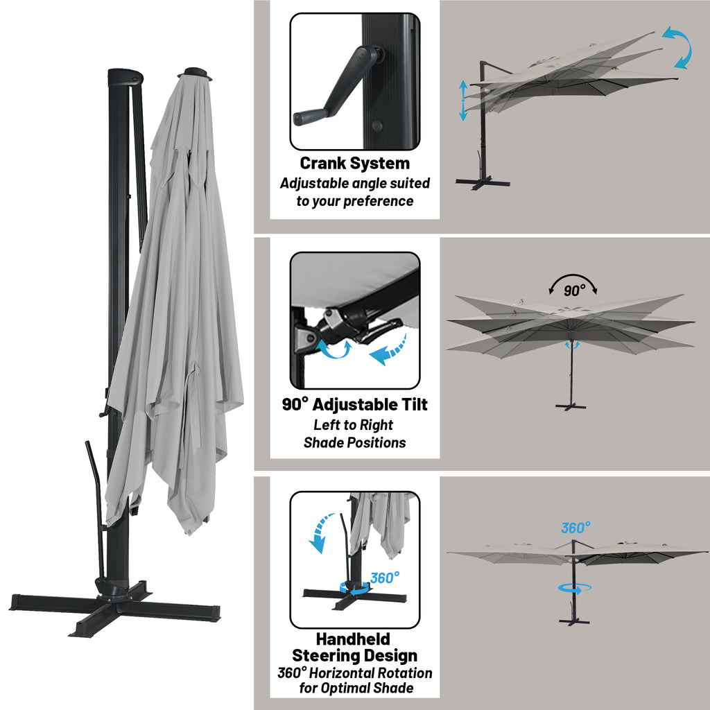 Boyel Living 10 x 13 FT Rectangle Patio Offset Umbrella Outdoor Large Cantilever Umbrella Heavy Duty Sun Umbrella, Gray(Without Base)