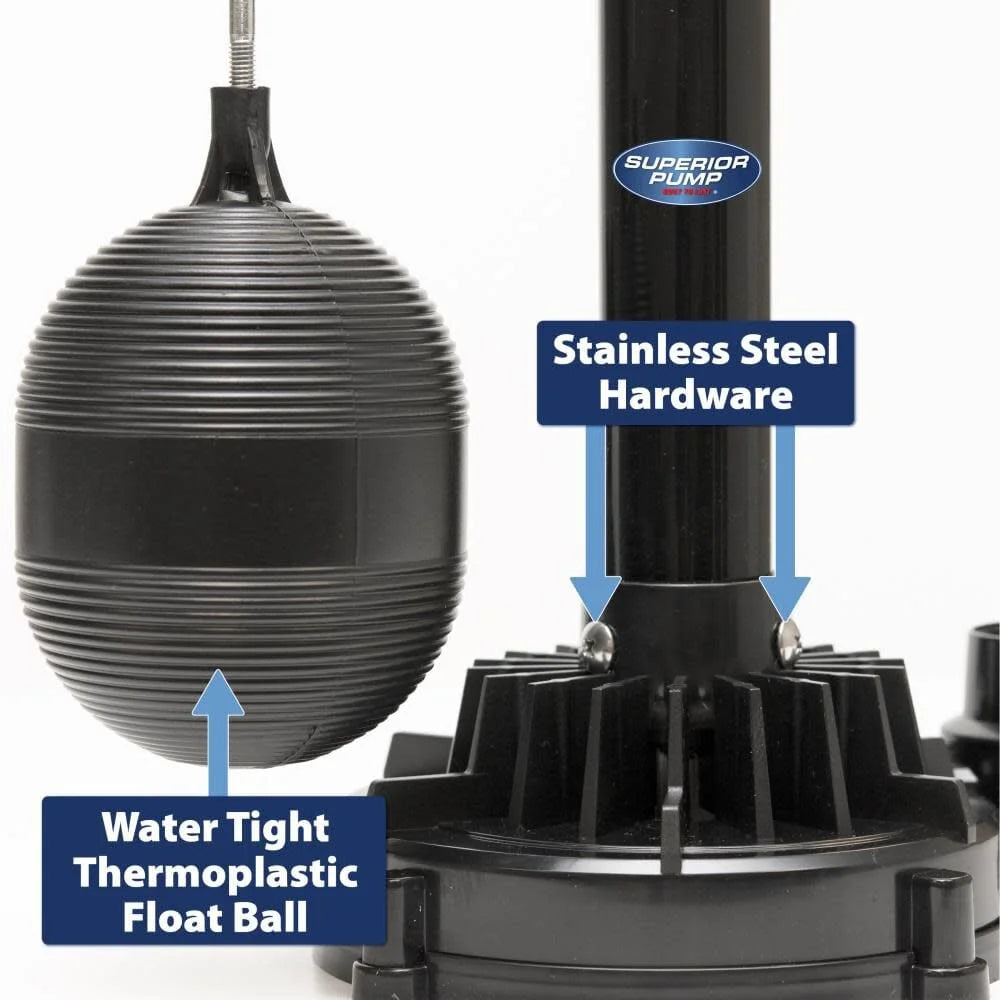 Superior Pump 92333 Multi Use Utility Sump Water Pump, 120 V, 0.33 Hp, 1-1/4 in Outlet, 50 Gpm, Thermoplastic - Black