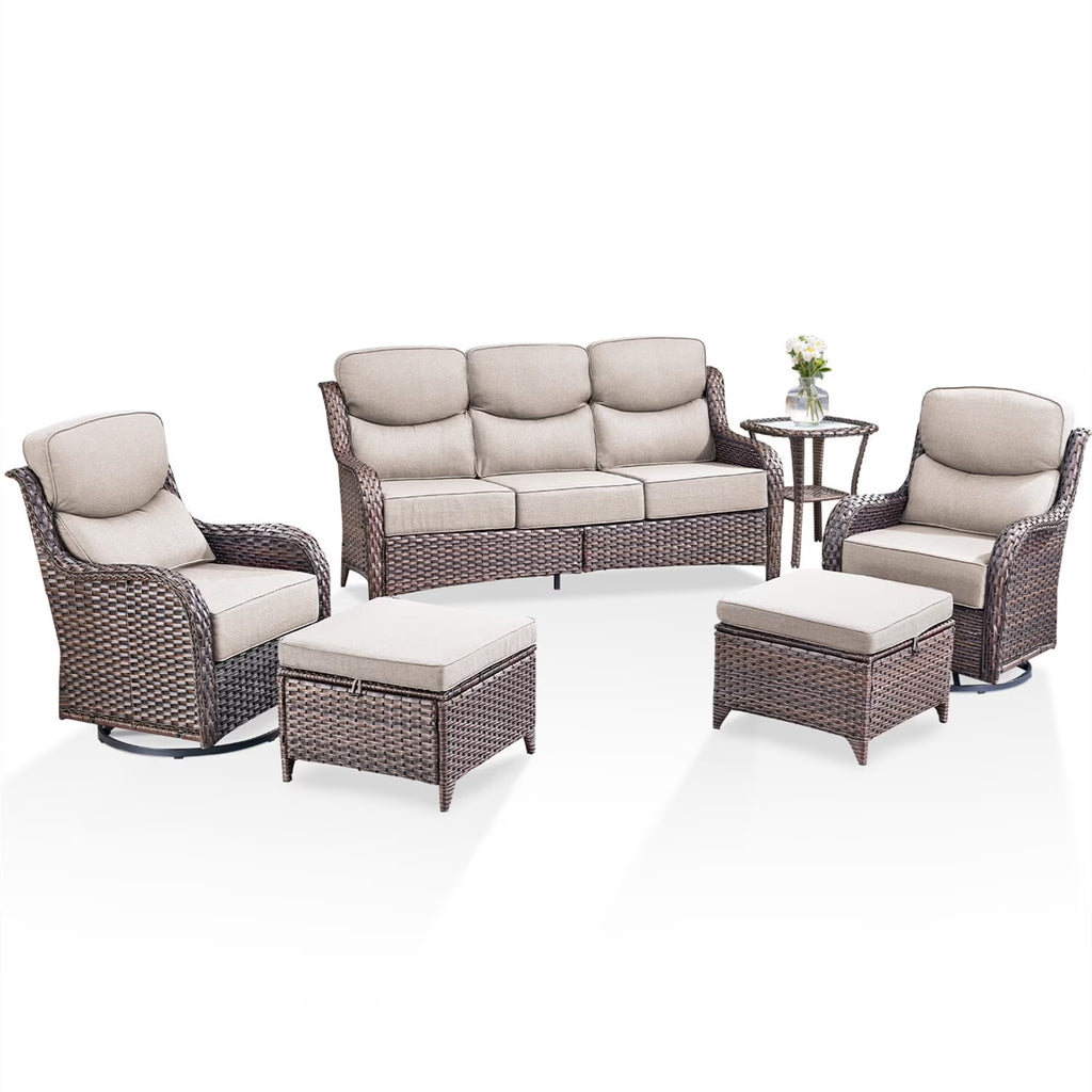 Bellefurn Luxury Outdoor Patio Furniture Set,Swivel Rocker Patio Chairs with 6-inch Thick Cushion,Patio Sofa and Glass Coffee Table,Outdoor Conversation Set for Porch, Deck, Yard