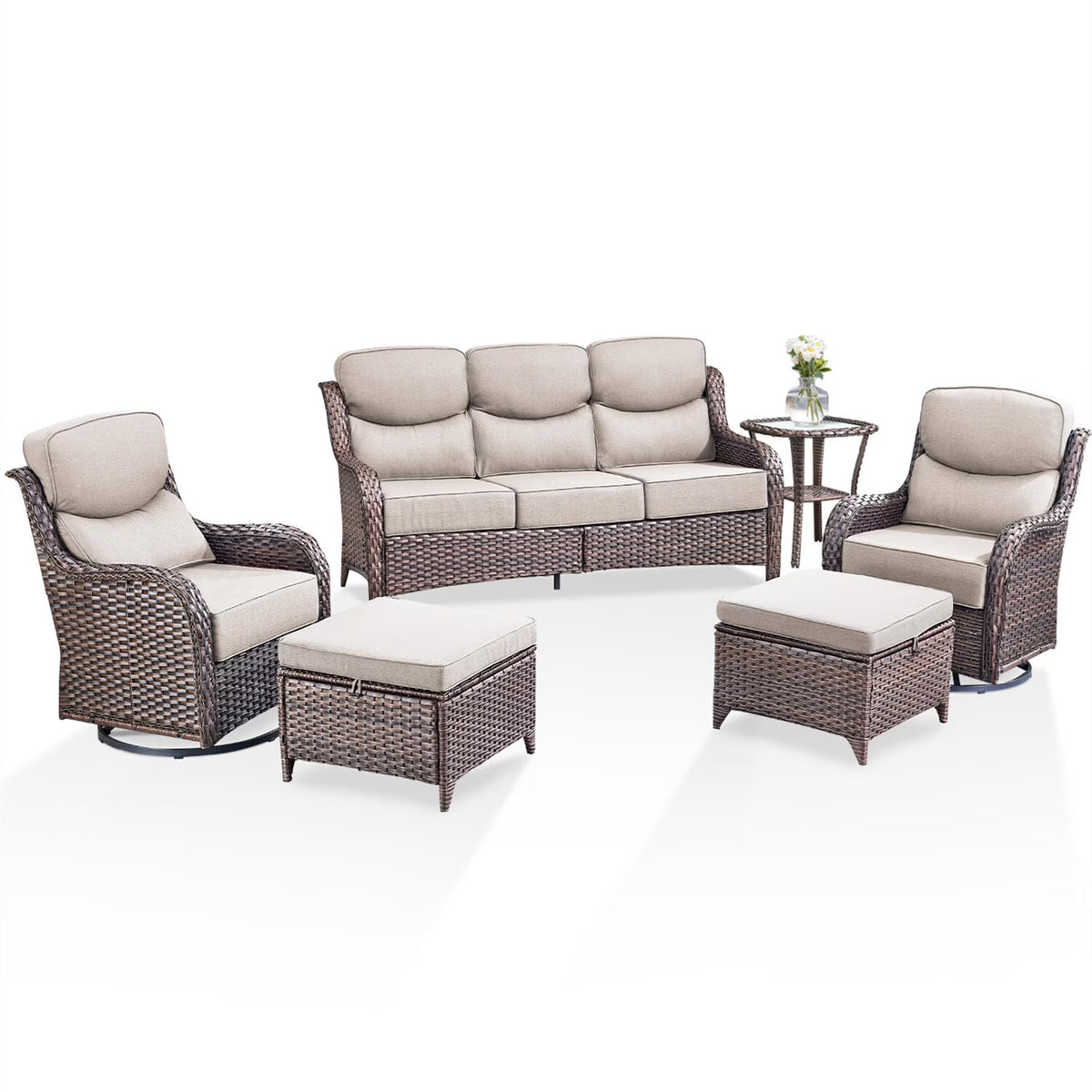 Bellefurn Luxury Outdoor Patio Furniture Set,Swivel Rocker Patio Chairs with 6-inch Thick Cushion,Patio Sofa and Glass Coffee Table,Outdoor Conversation Set for Porch, Deck, Yard