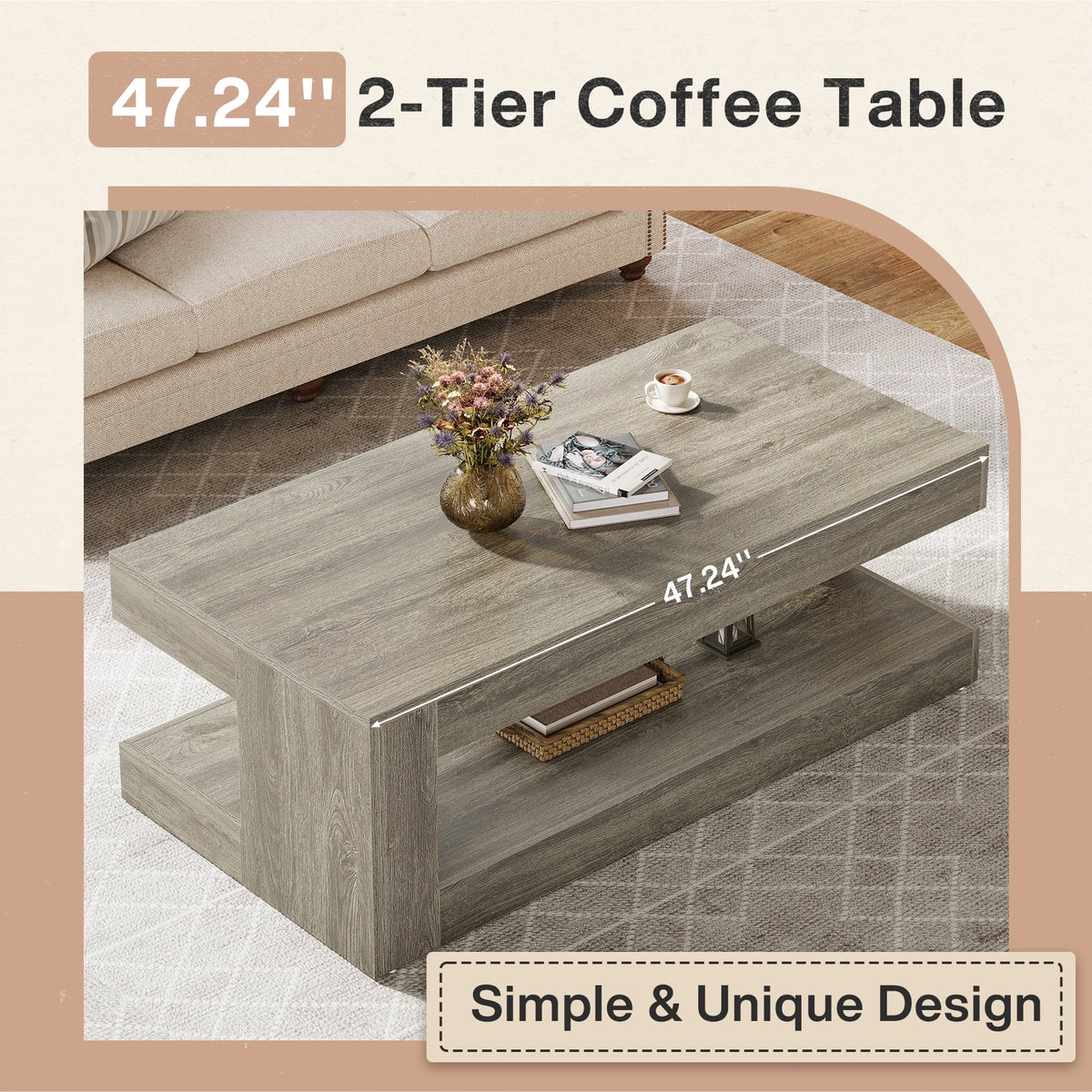 Tribesigns Coffee Table for Living Room, 47.24-Inch Farmhouse 2-Tier Accent Center Tea Cocktail Table with Storage, Elegant Grey, Rectangular
