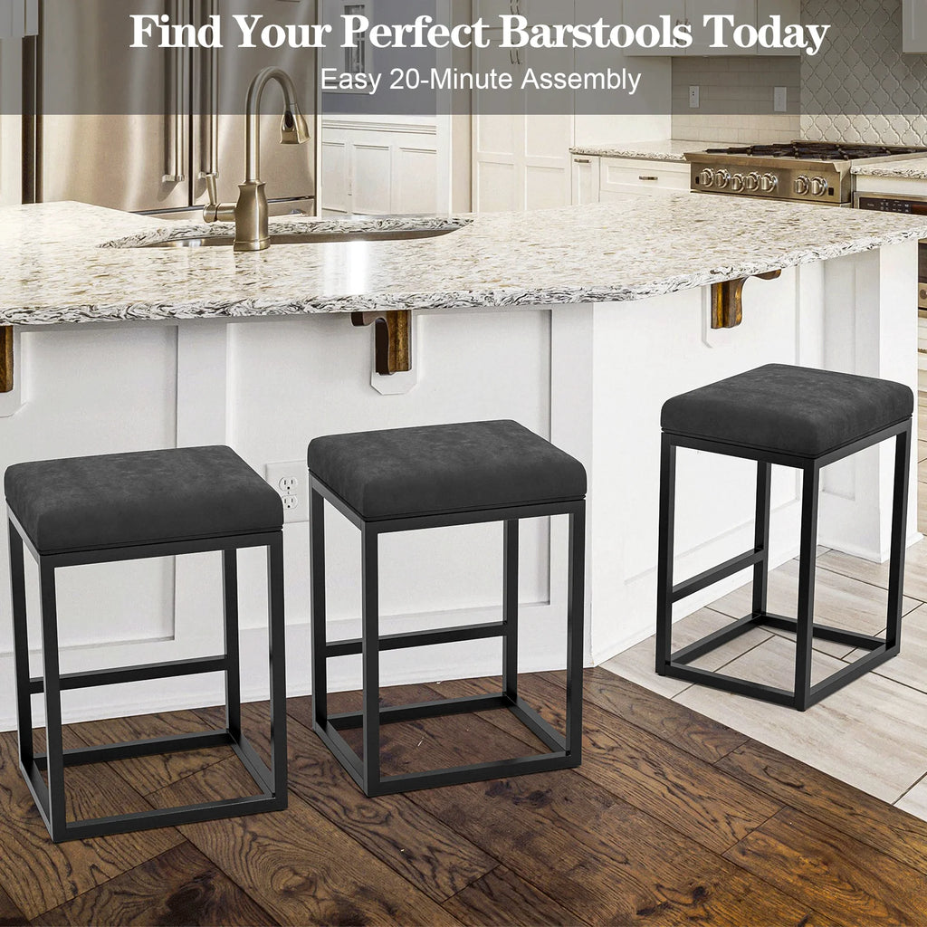 Nathaniel Home 24 Inch Bar Stools Set of 2, Modern PU Leather Metal Barstool, Backless Kitchen Dining Cafe Stool, Upholstered Bar Stool with Footrest, Gray