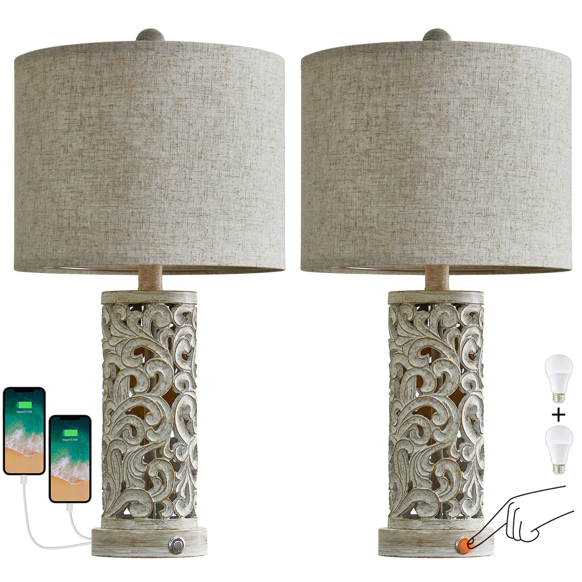 Oneach 3 Way Dimmable Touch Table Lamps for Living Room Bedroom Set of 2 Bedside Lamps with USB Ports 21" Retro Farmhouse Nightstands Lamp Resin(Bulbs)