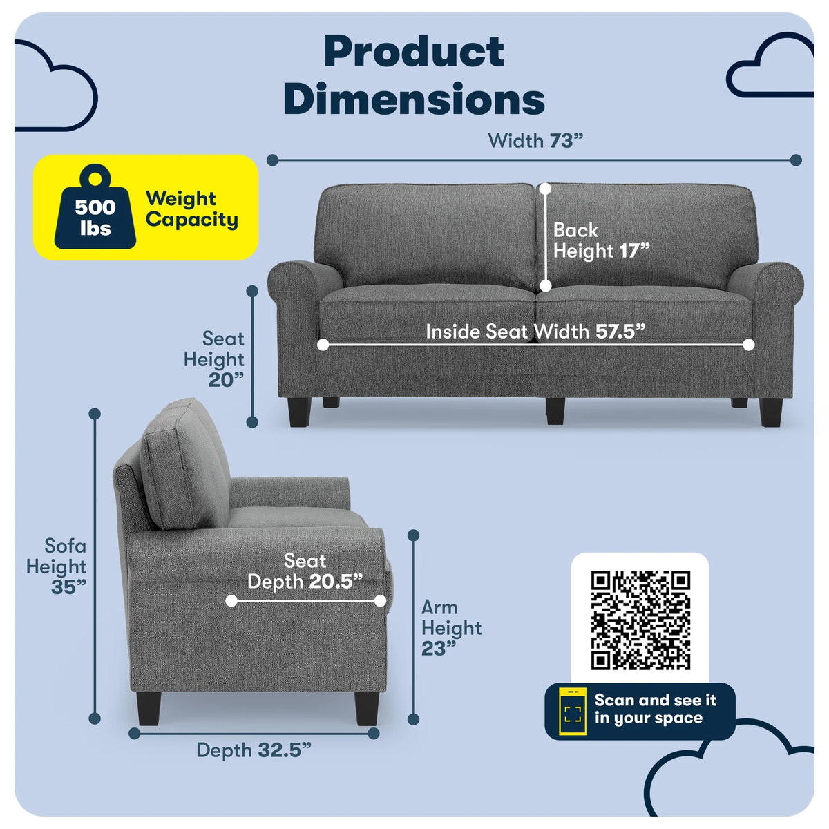 Serta Copenhagen 73" Rolled Arm Sofa with Removable Covers Light Gray