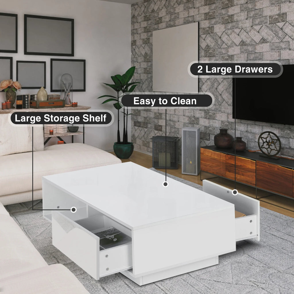 Hommpa LED Coffee Table Modern Side Tables High Gloss Black Cocktail Table with 2 Drawers Open Shelf for Living Room