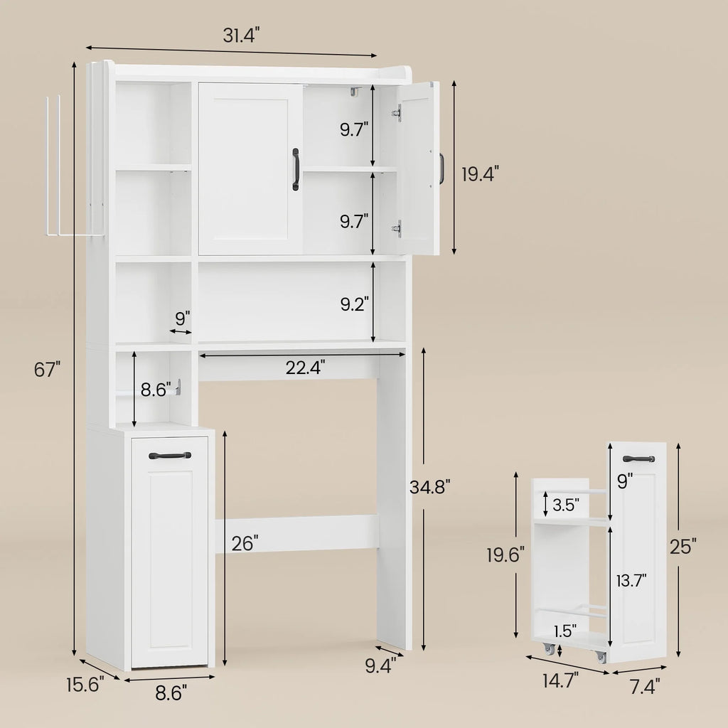 Frhnenha Over The Toilet Storage Cabinet with Pulley, Bathroom Storage Cabinet, with Adjustable Shelf and Open Shelf for Bathroom, Restroom, Laundry, White