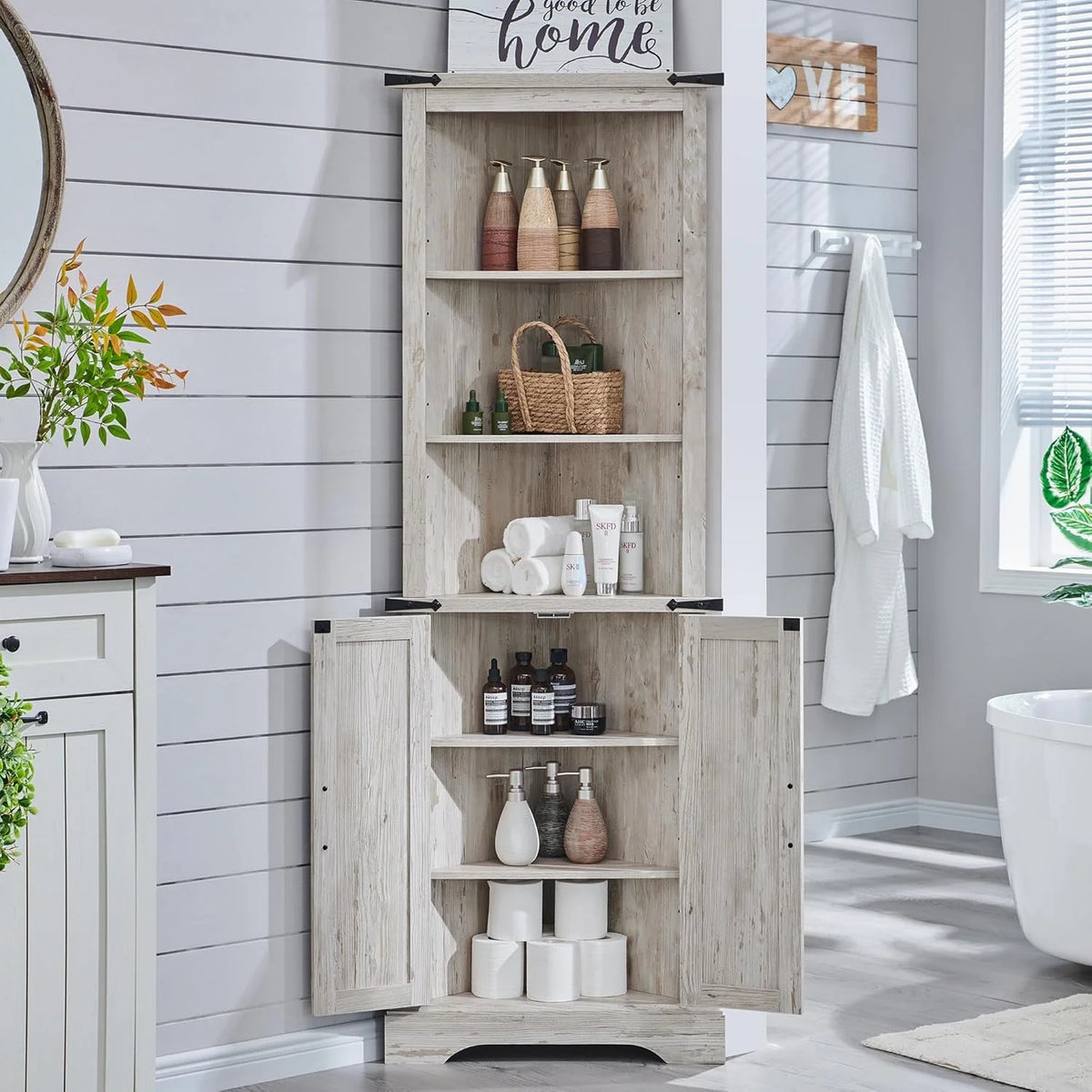 OKD Farmhouse Tall Corner Cabinet with Barn Door & Adjustable Shelves, 68" Rustic Wood Corner Cabinet with Storage Cabinet for Bathroom, Kitchen, Antique White