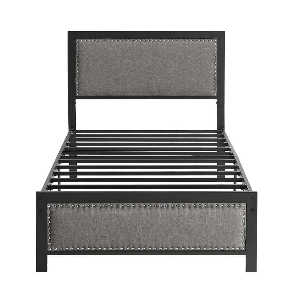 VECELO Queen Size Bed Frame Metal Platform Bed with Upholstered Headboard, No Box Spring Needed, Black