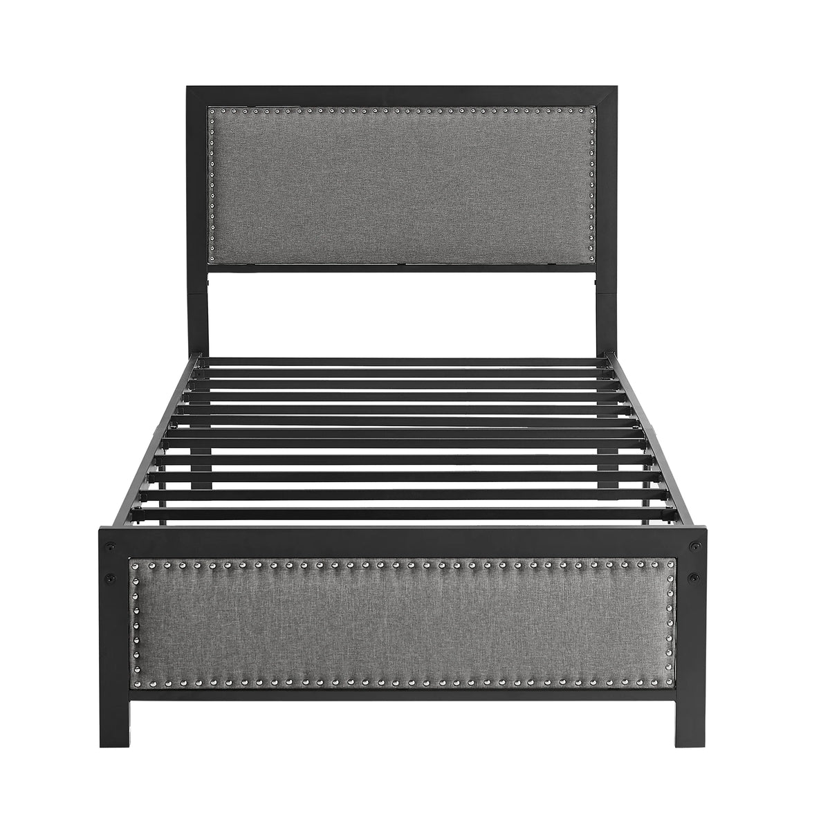 VECELO Queen Size Bed Frame Metal Platform Bed with Upholstered Headboard, No Box Spring Needed, Black