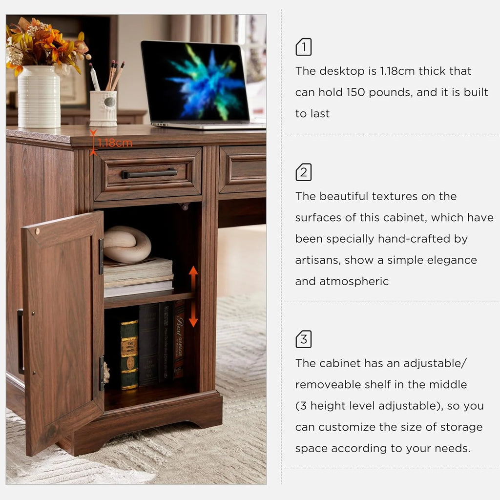 T4TREAM Farmhouse Wood 58" Executive Desk, Home Office 30" High Computer Desk with Drawers and Storage Cabinet, White