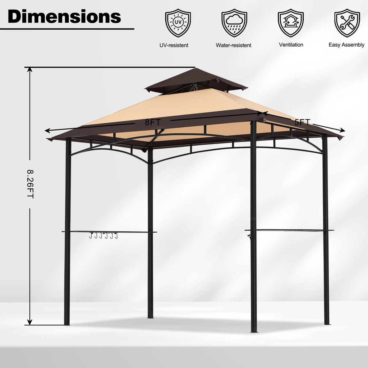MASTERCANOPY 8' x 5' Grill Gazebo Outdoor BBQ Gazebo Canopy with LED Lights for Patio, Brown