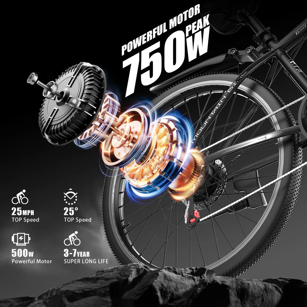 G26Electric Bike for Adults, 26" Electric Mountain Bike with 500W Peak Brushless Motor, Max 45Miles 25MPH Electric Bicycles,Removable Battery.