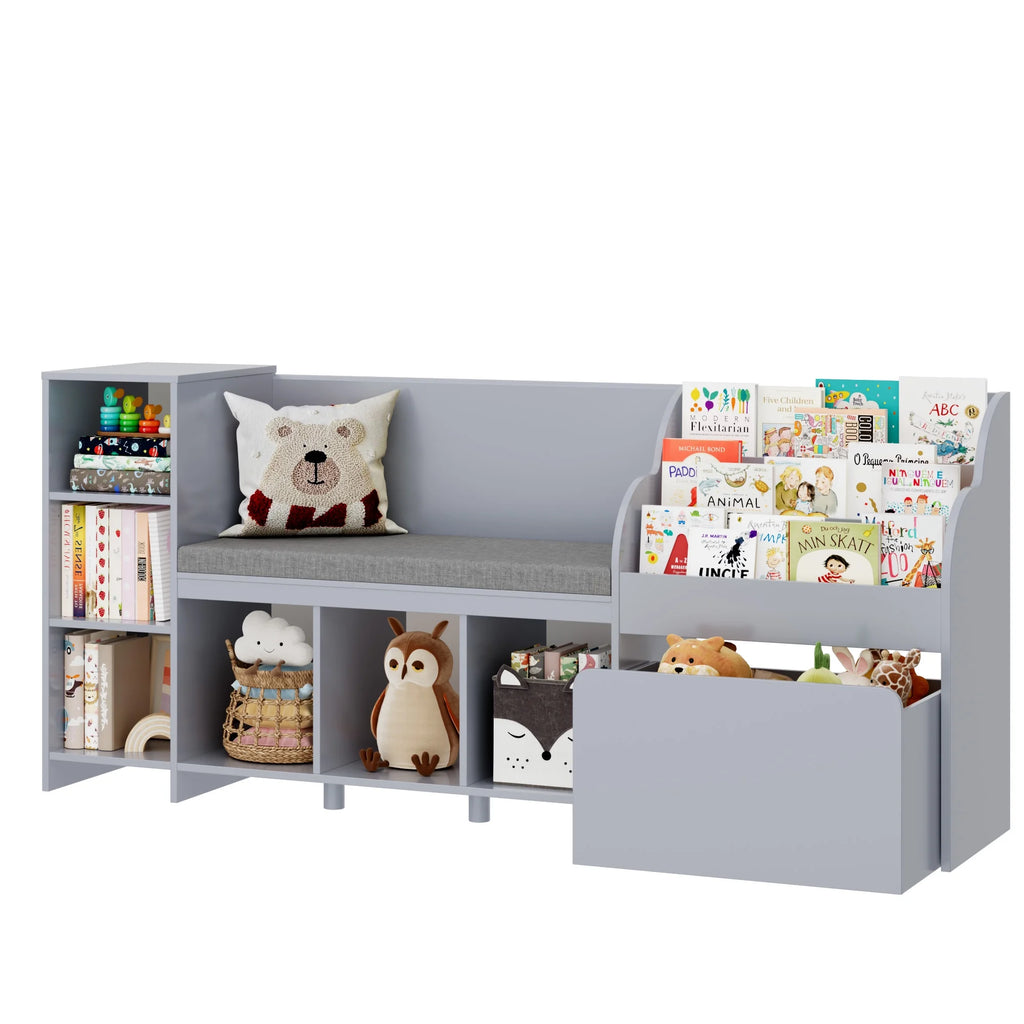 Homfa Kids Bookshelf with Reading Nook, 6 Shelf Bookcase with 1 Wood Toy Bin with 3 Tier Book Rack for Children Kidsroom