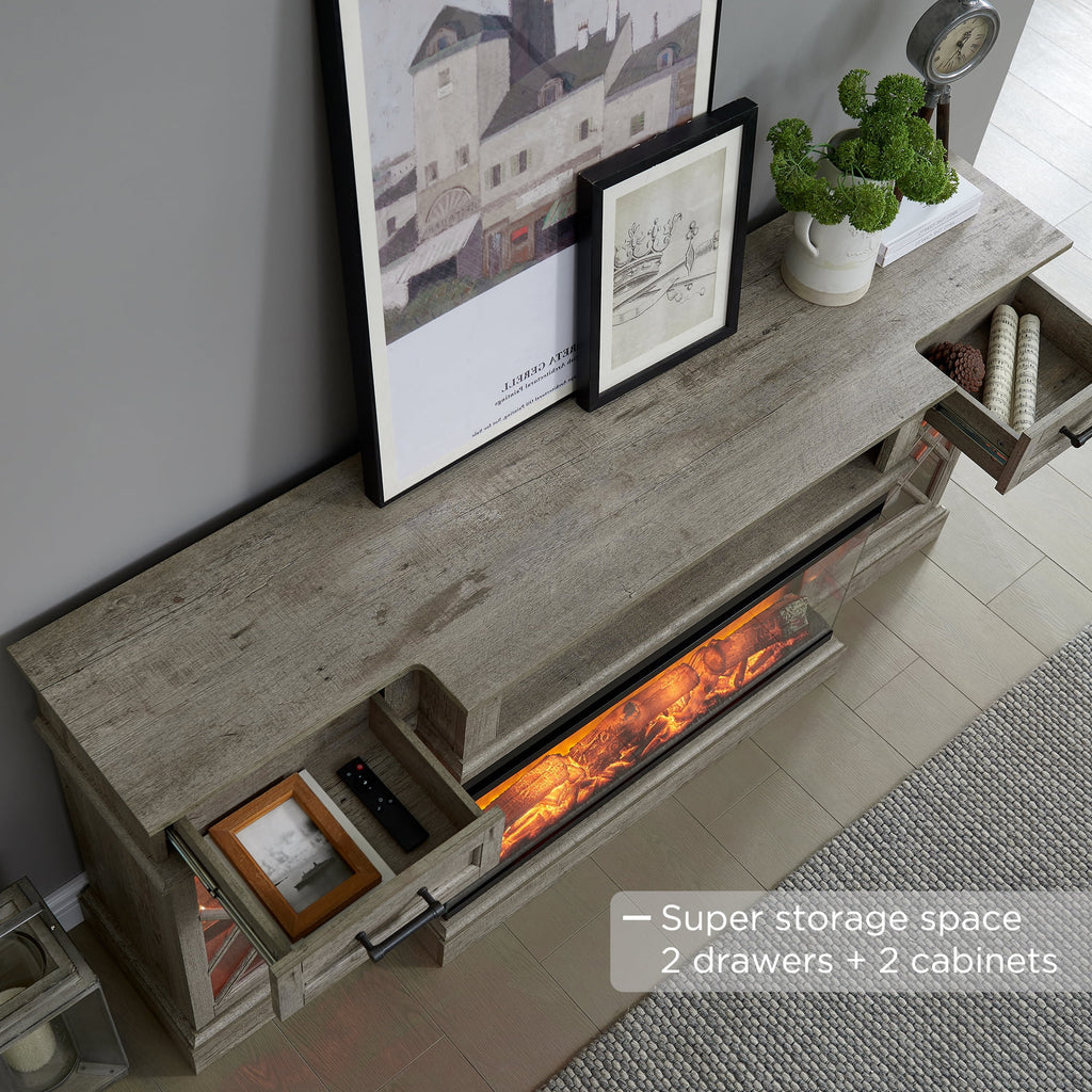 OKD Farmhouse 3-Sided Fireplace TV Stand for 80" TVs, 70" Entertainment Center with Electric Fireplace and Storage Drawers, Antique White