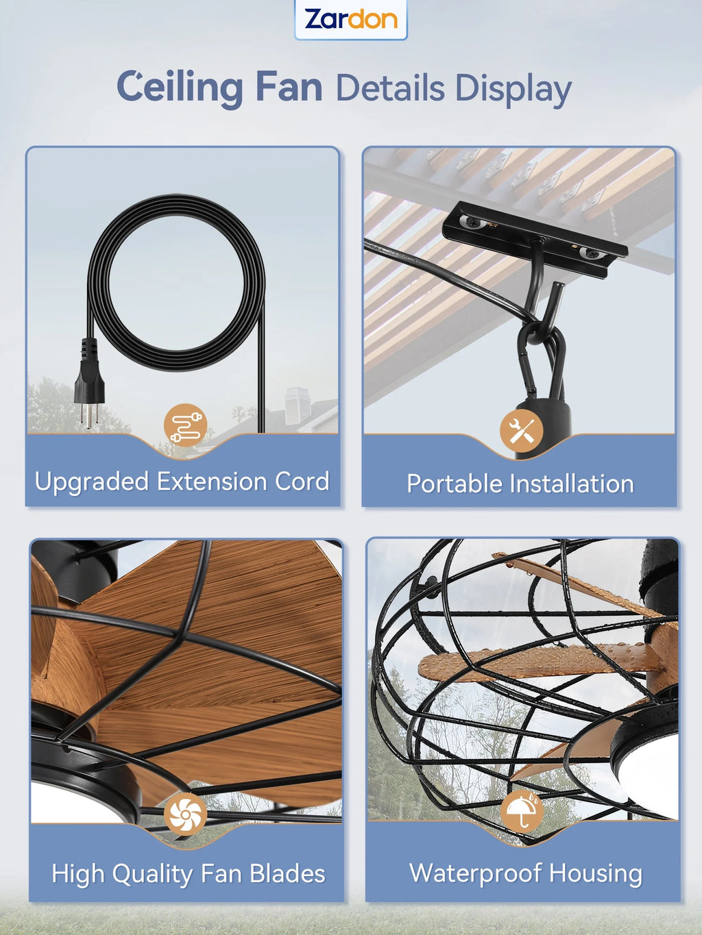 Zardon 20" Outdoor Ceiling Fan with Light and Remote, 7 Blades Caged Waterproof Gazebo Fan for Patio, Porch, Pergola Canopy, App Control