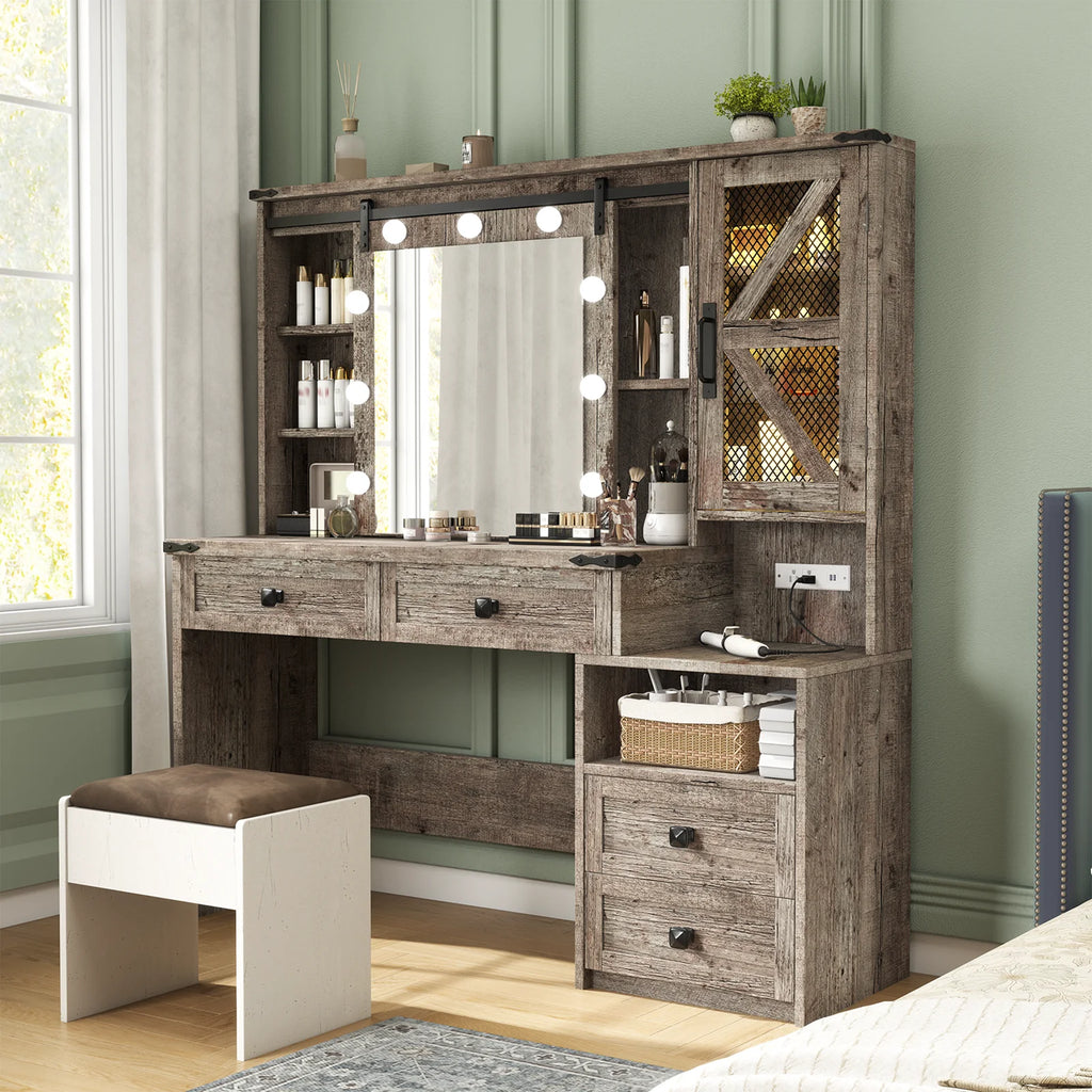 EnHomee Makeup Vanity Desk with Lighted Mirror Large Vanity with 4 Drawers Farmhouse Vanity Set with Mirror and Lights,White