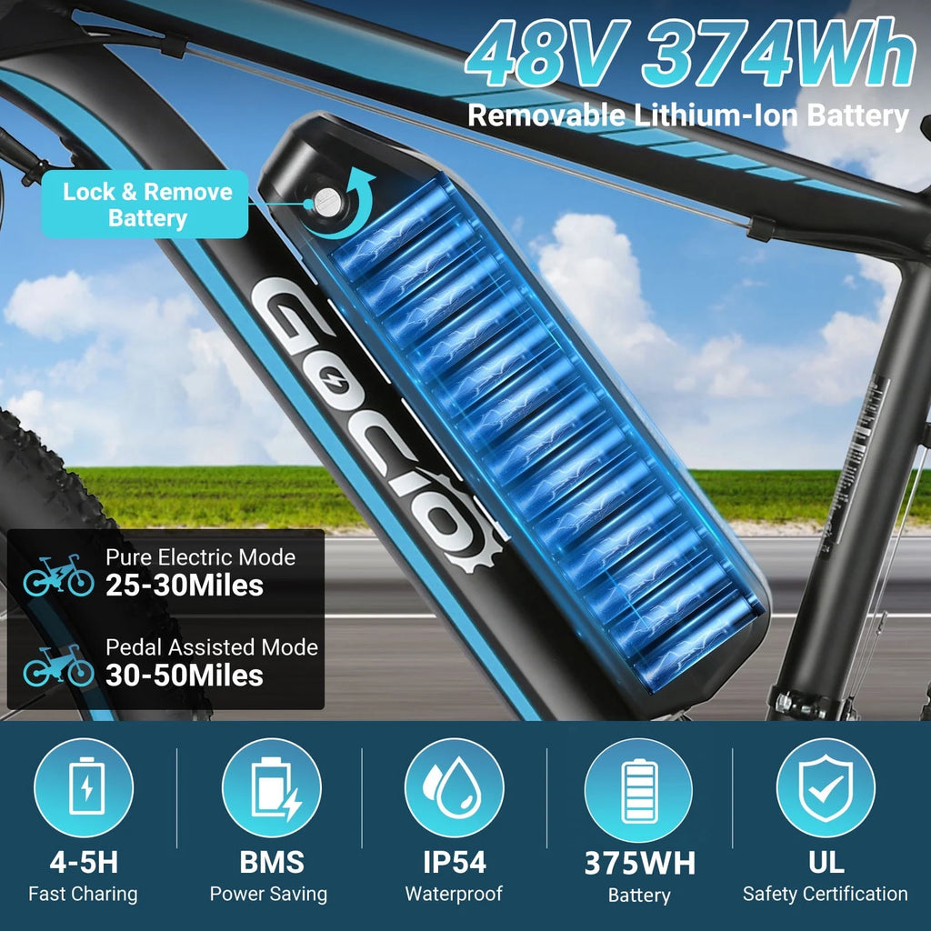 Gocio 26" Electric Bike for Adults, 500W Electric Mountain Bike, 48V 7.8Ah Removable Battery, Ebike with Front Fork Suspension, 21 Speed, UL 2849