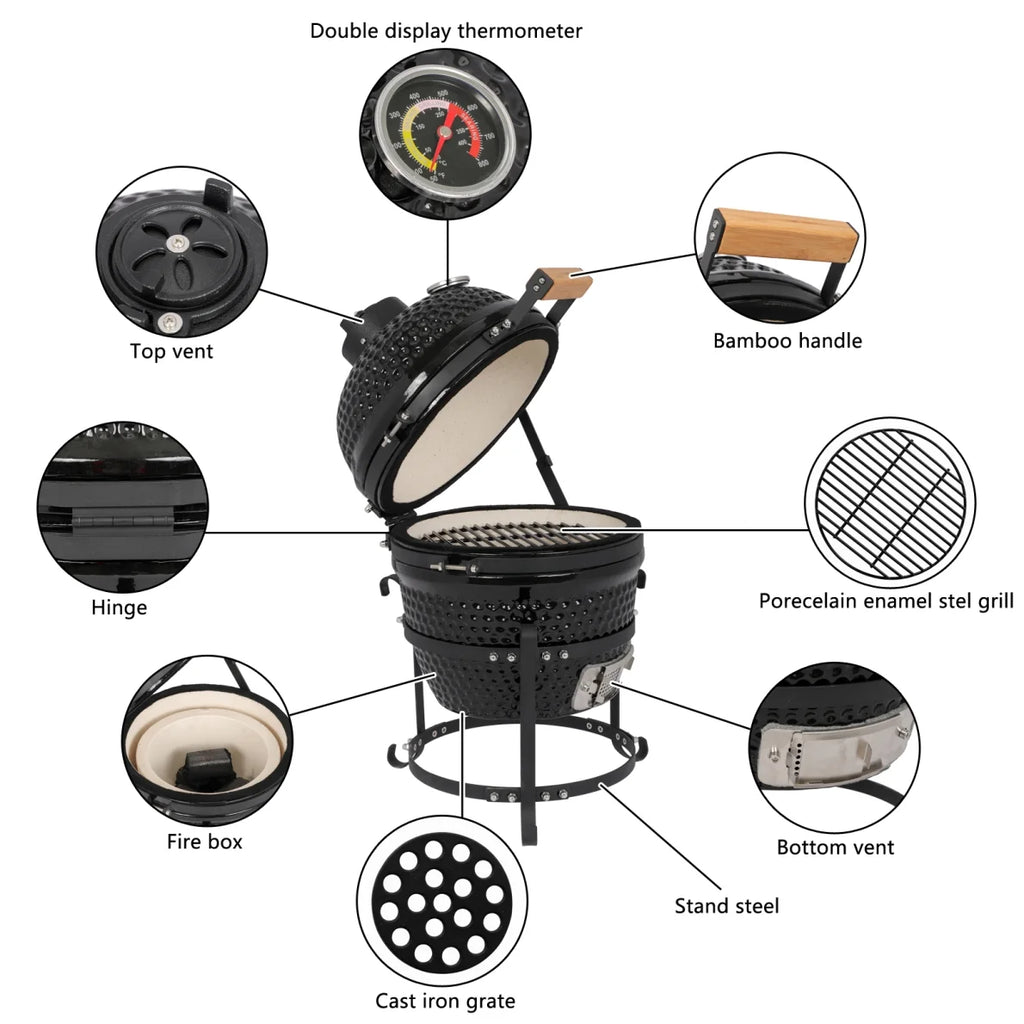 13in Ceramic Charcoal Kamado Grill with Heavy Duty Heat-Resistant Walls, 50-800��F Temp Control, for Backyard Grilling, Smoking, Baking, Orange