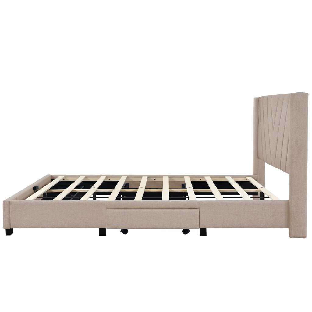 Sesslife Queen Bed Frame with Storage, New Upgraded Linen Upholstered Platform Bed with 3 Drawers, Queen Size Storage Bed with Headboard and Wooden Slats, No Box Spring Needed, Holds 500lbs, Beige