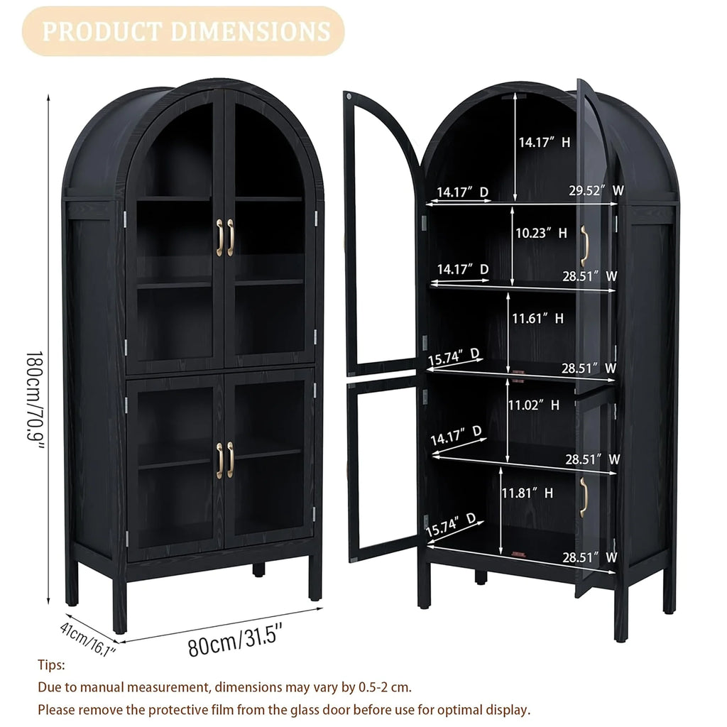Tall Arched Storage Display Cabinet 5-Shelf with Acrylic Glass Doors, Kitchen Pantry Storage Cabinet Accent Cabinet Bookcase for Living Dining Room