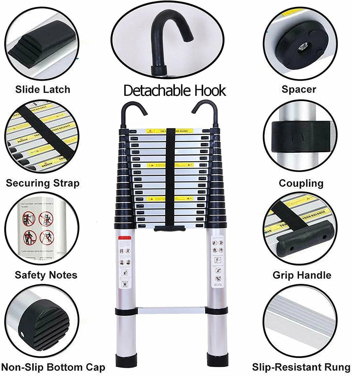 Jupiter Multi-Purpose Telescoping Extension Ladder with 2 Detachable Hooks, 20 ft, Aluminum Silver