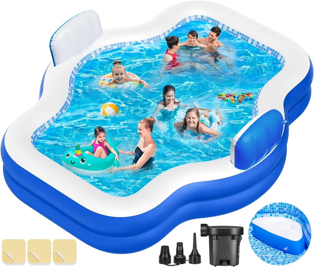 Large Inflatable Swimming Pool for Kids Adults, 121" X 90" X 22" Oversized Thickened Kiddie Pools Family Blow-Up Pool with Pump Seat, Inflatable Pools for Garden, Backyard, Indoor Outdoor Water Party