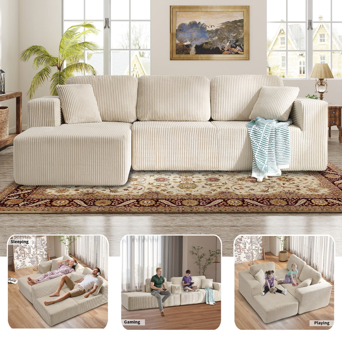 Bonzy Home Sectional Sofa with L-Shape Chaise,Modern Modular Sofa Upholstered Couch Corduroy Fabric for Living Room Bedroom Beige