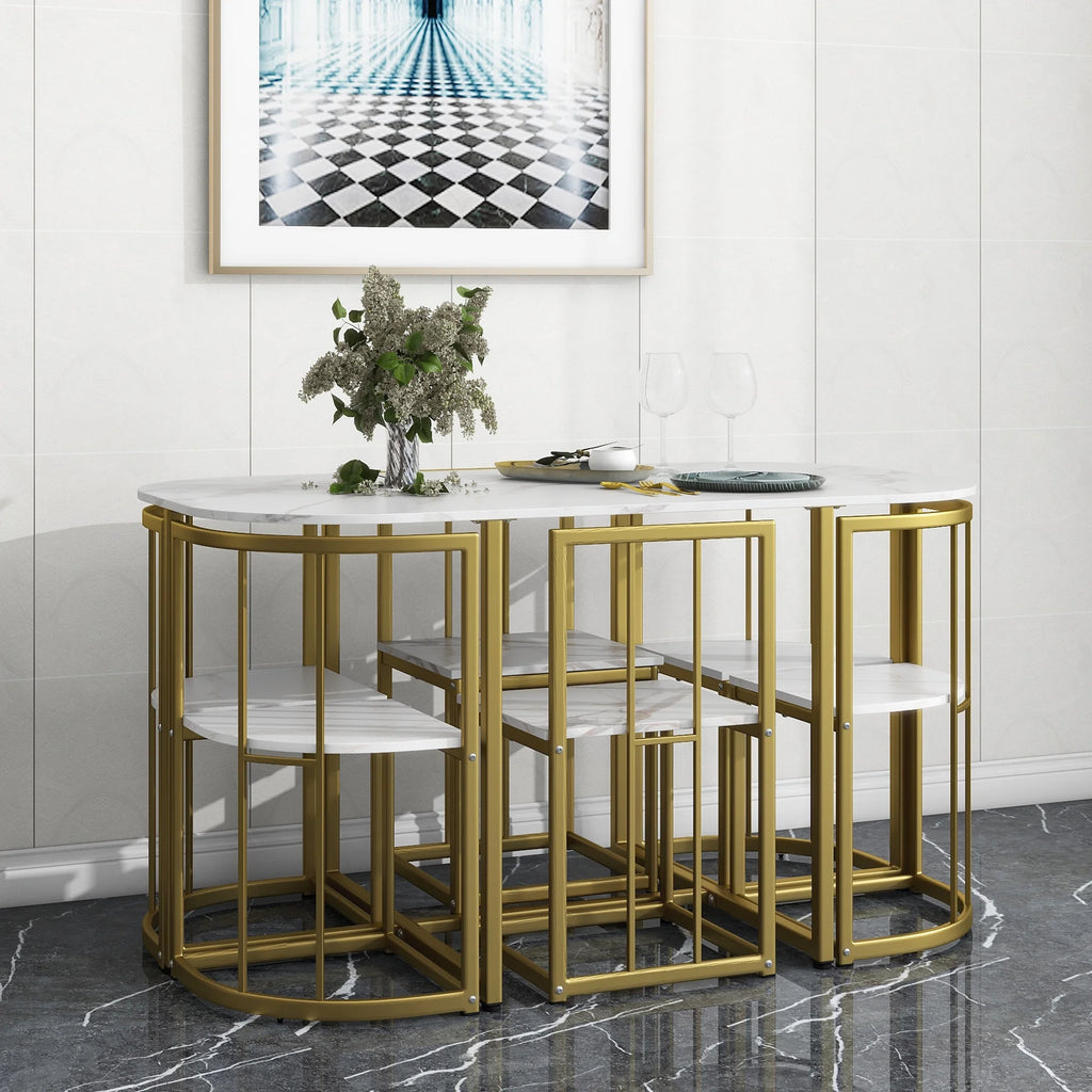 7-Piece Dining Table Set with 6Stools - Industrial Compact Kitchen Table & Chairs Sets, Space-Saving Design for Apartment, Small Space, Breakfast Nook