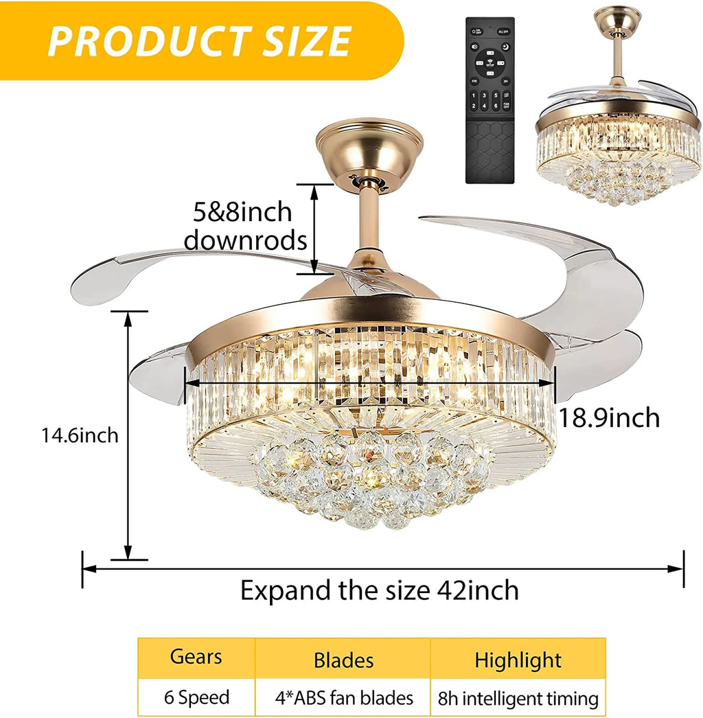 Datingday 42 Inch Crystal Ceiling Fan Golden Crystal Ceiling Fan Chandelier with Remote 6 Speeds 3 Colors Changes Lighting Fixture, 4 Blades Retractable Fans for Bedroom Living Room Dining Room