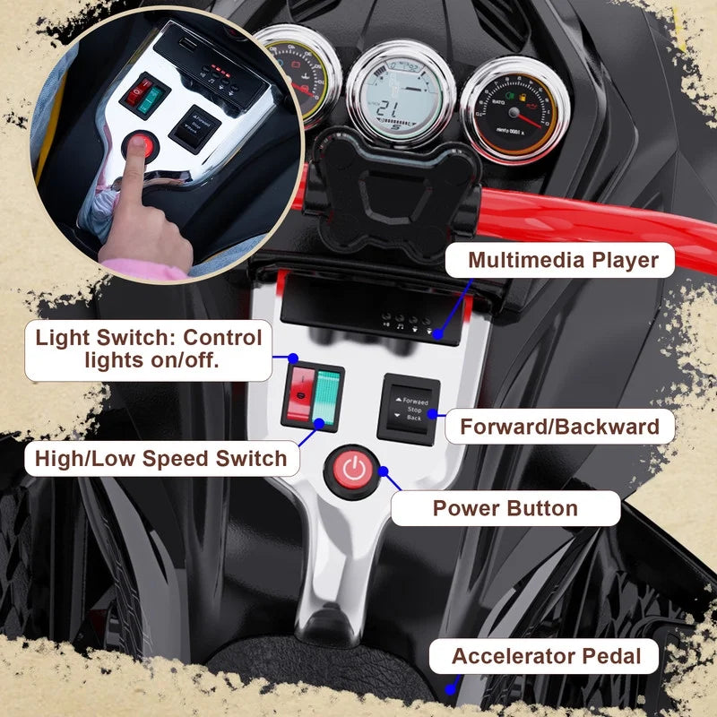 RCB 12V Electric Ride-On,Dual Motors,Music,Up to 5 mph,3 Wheel ATV Style for Kids Ages 3+,Black
