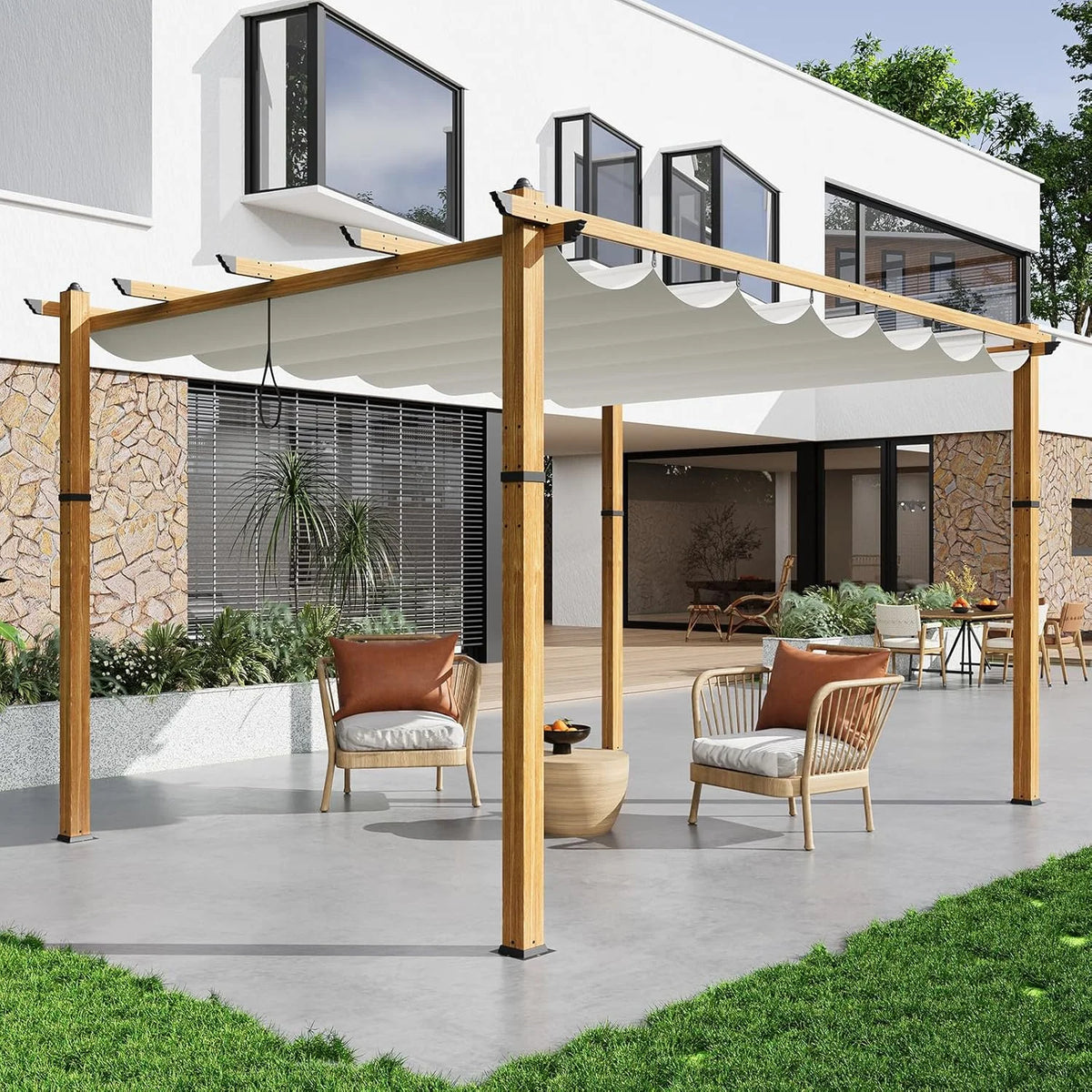Outdoor Aluminum Pergola with Retractable Canopy, Reinforced 4-Sided Base, Waterproof & UV-Resistant Adjustable Roof, Modern Design for Patio, Deck, Backyard, and Garden