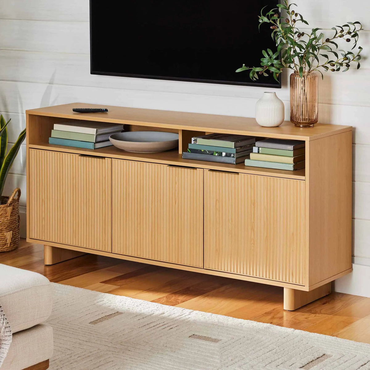 Better Homes & Gardens Lillian Fluted TV Stand for TVs up to 70", Natural Pine Finish