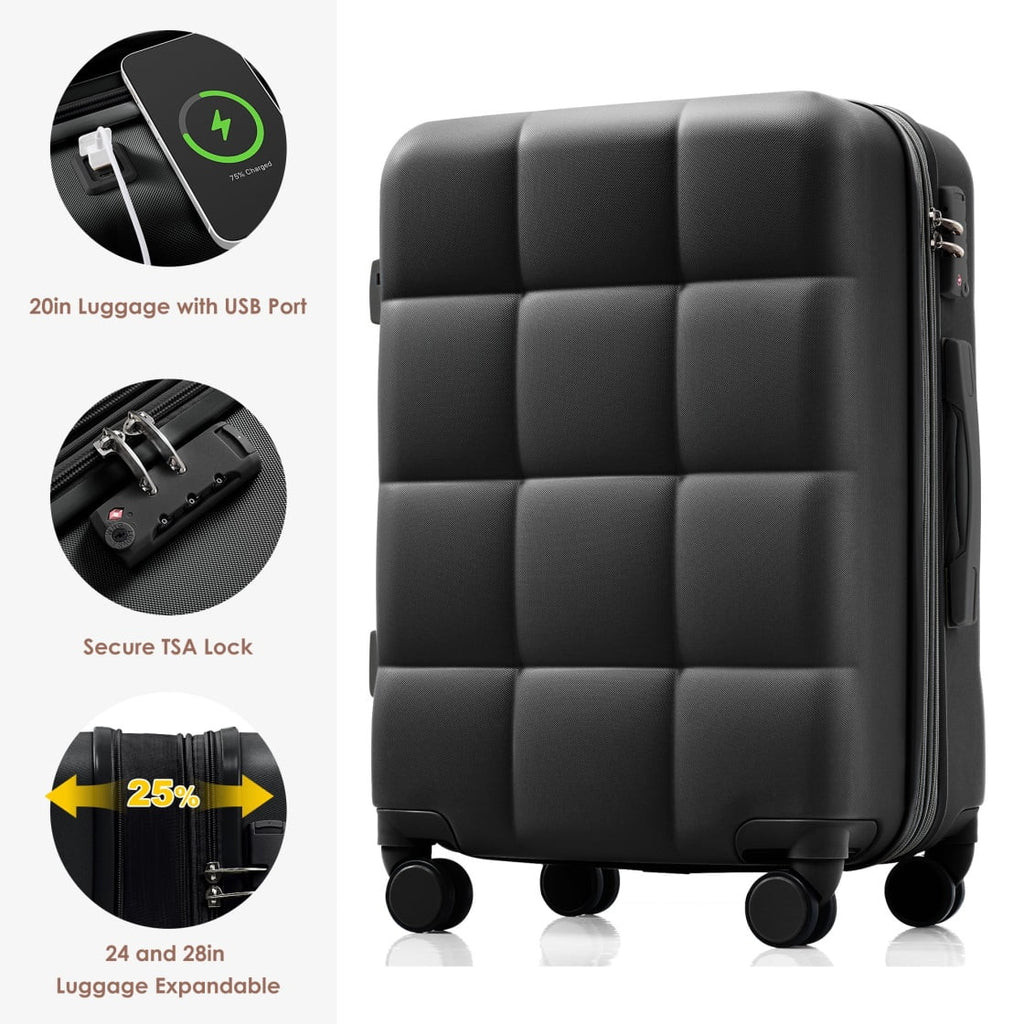3 Piece Luggage Set , 20/24/28 inches Suitcase Set , ABS Hardshell Expandable Luggage Sets with TSA Lock,20-inch with USB Port, Carry On Luggage for Men Women, Pink