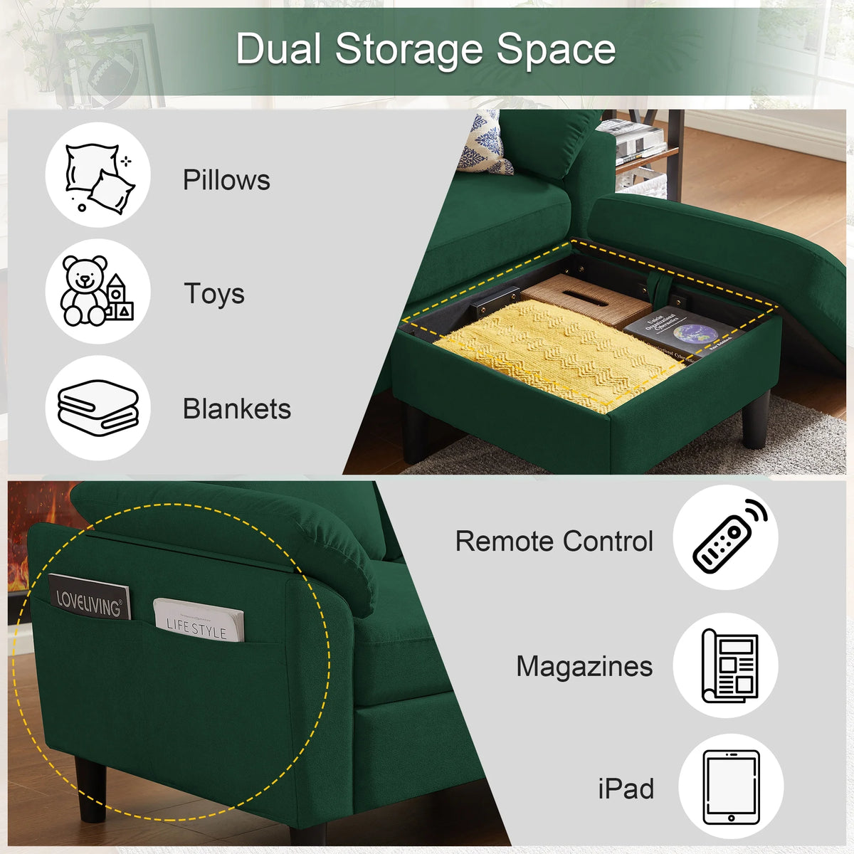 Pingliang Home Sectional Sofa Couch with Storage Ottoman,Modern 3 Seat L Shaped Sofa Couch for Living Room Apartment Studio Office