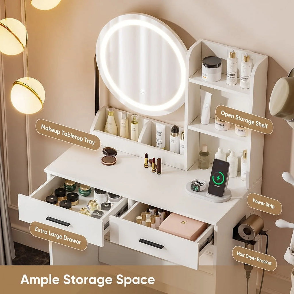 Vanity Desk with Chair, White Makeup Desk Set with Mirror & LED Lights, Vanity Table with Power Strip, 2 Drawers, 4 Shelves