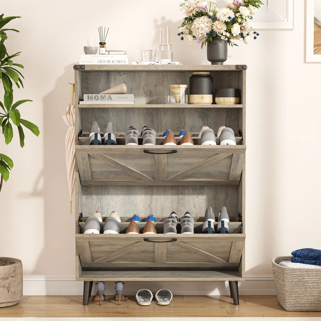 Veanerwood Shoe Cabinet with 2 Flip Drawers Farmhouse Shoe Storage Cabinet Organizer for Entryway, Gray