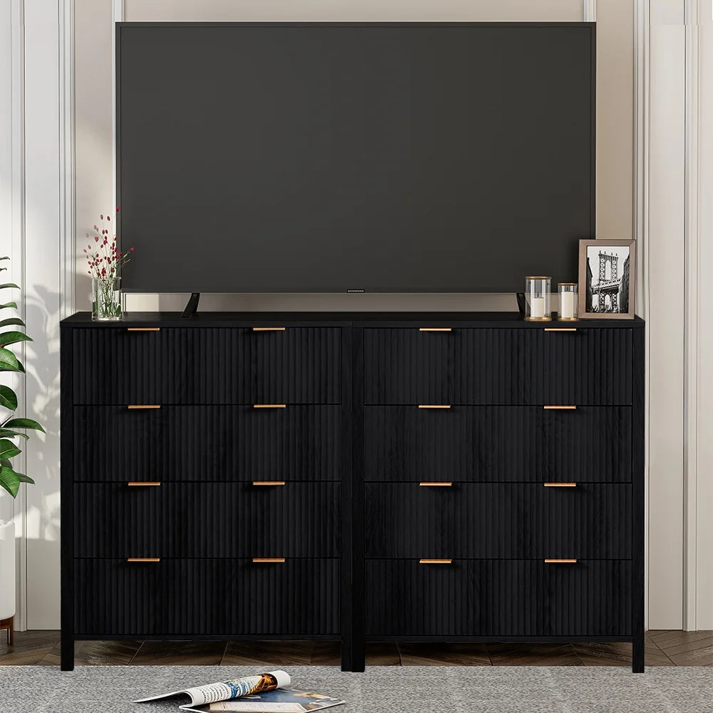 YOCWO Fluted Nightstand for Bedroom Set of 2 , Wood Bedside Table Set of 2 with Drawers, Black
