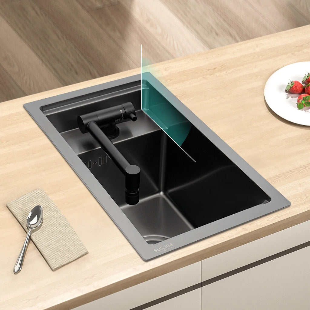 Modern Drop in Bar Sink, Single Bowl Kitchen Sink with Foldable Faucet, Black Nano 304 Stainless Steel Utility Sink for Compact Kitchen Commercial Hotel RV Laundry