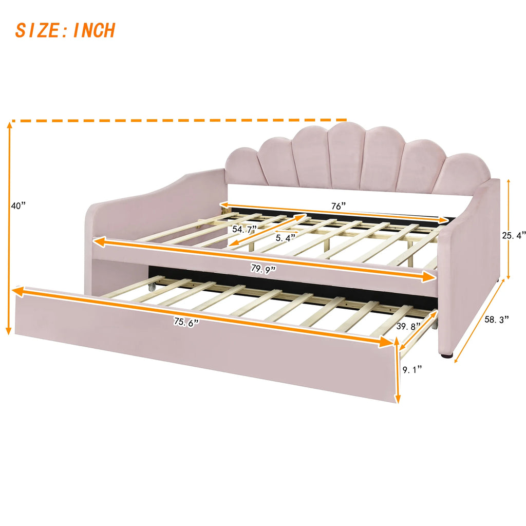 EUROCO Upholstery Full Size Platform Bed, Upholstered Daybed with Headboard and Trundle, Beige
